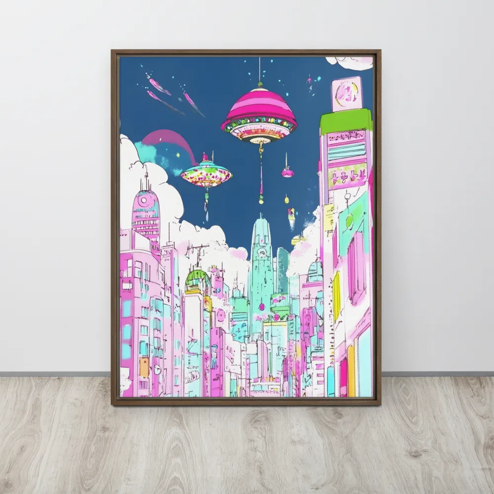 Futuristic Cityscape with Floating Structures | Canvas with Brown Frame | 24″×32″