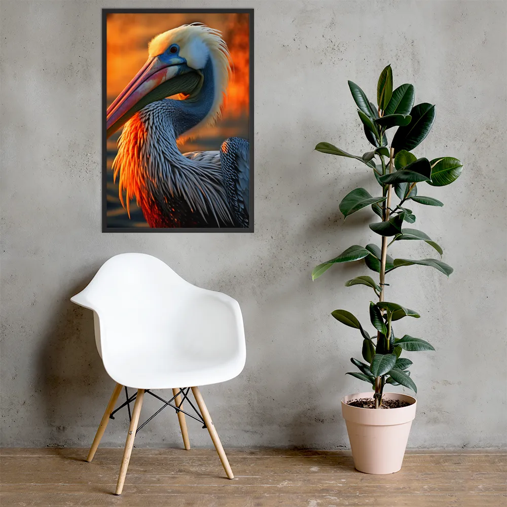 Elegance of the Pelican at Sunset | Poster with Black Frame | 24″×36″