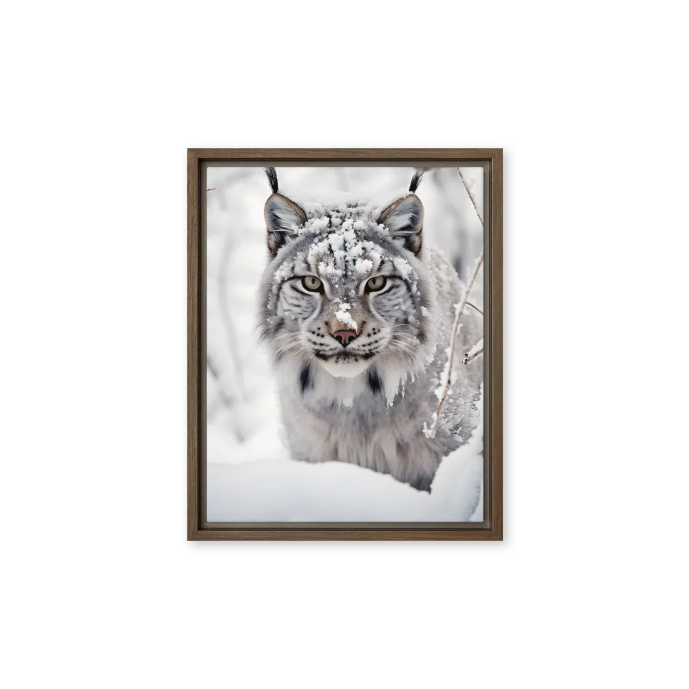 Whispers of Winter: The Lynx in Snow | Canvas with Brown Frame | 11″×14″