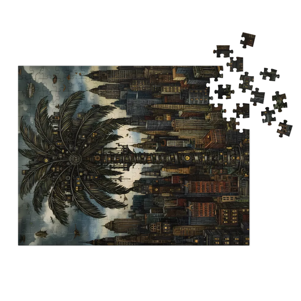 Clockwork Palm Over Metropolis 
 Jigsaw Puzzle in Tin Box