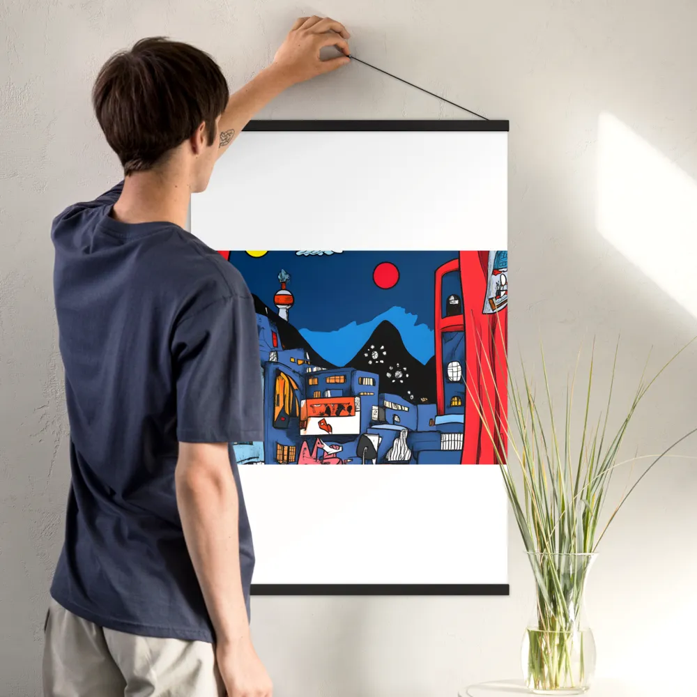 Whimsical Cityscape at Night | Poster With Black Wood Hanger | 24″×36″