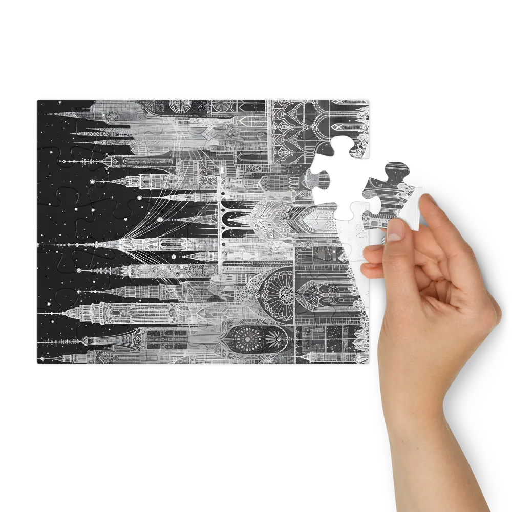 Stippled Gothic Cityscape 
 Jigsaw Puzzle in Tin Box