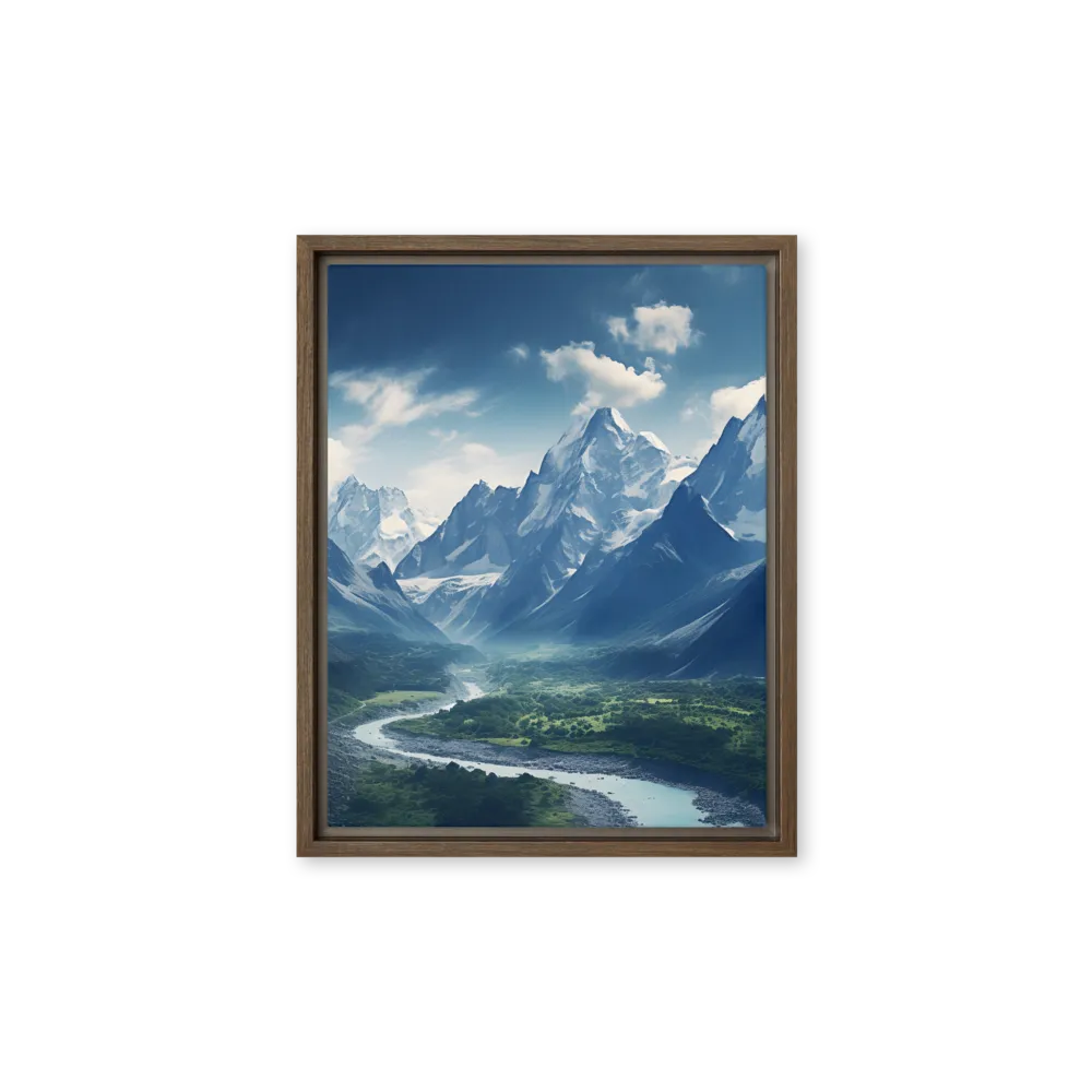 Majestic Serenity: A Landscape of Mountains and Rivers | Canvas with Brown Frame | 11″×14″