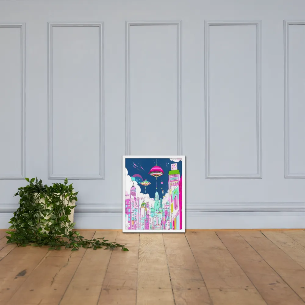 Futuristic Cityscape with Floating Structures | Poster with White Frame | 16″×20″