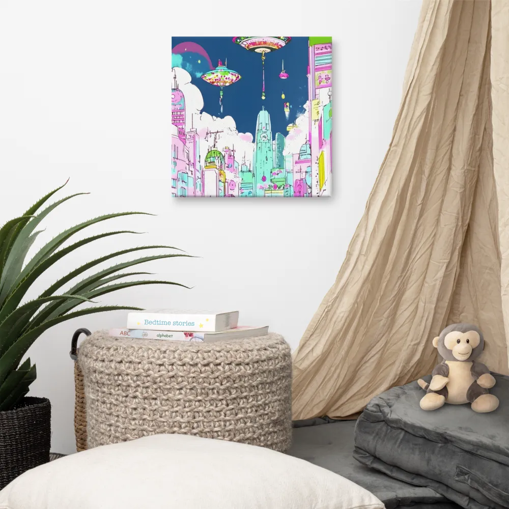 Futuristic Cityscape with Floating Structures | Canvas | 16″×16″