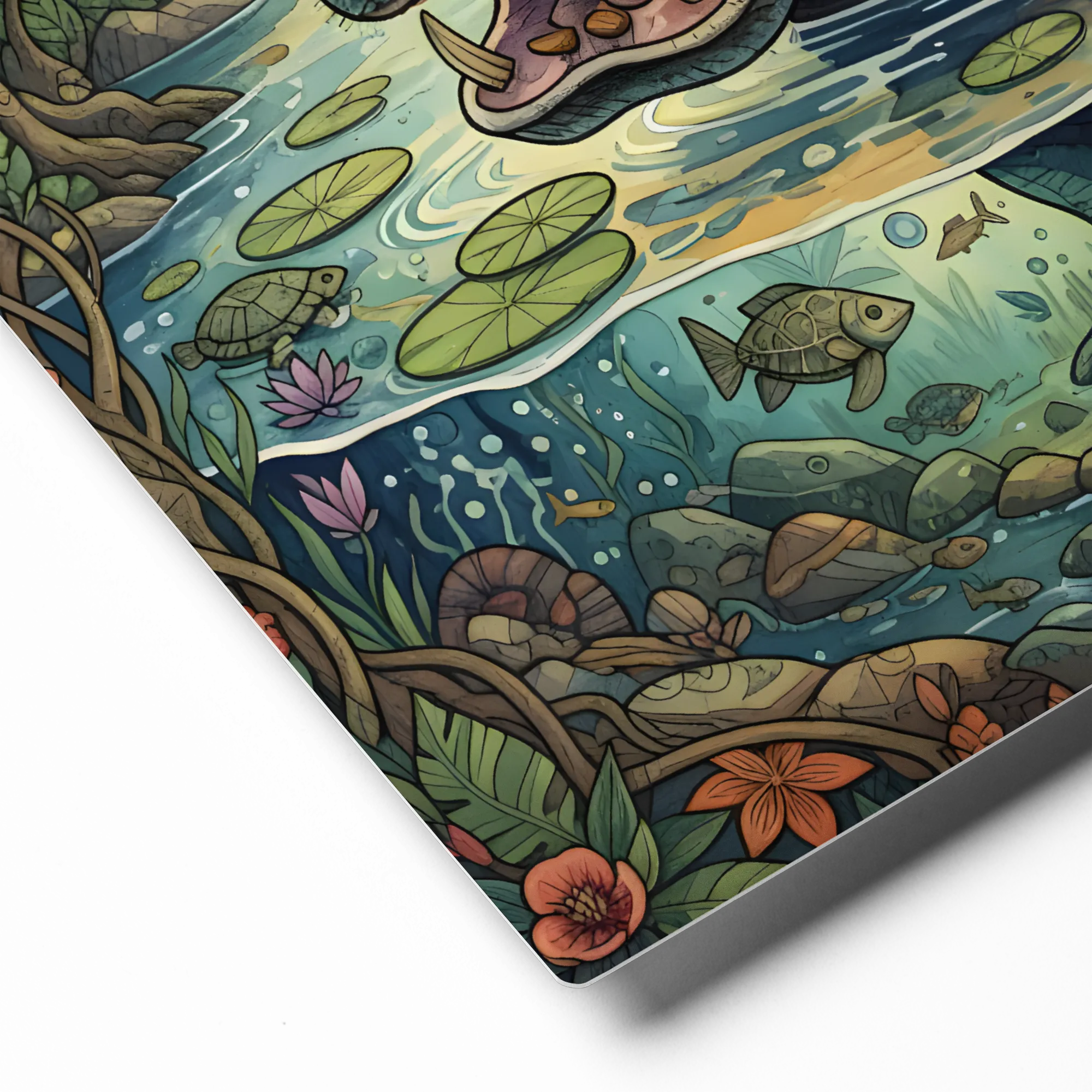 Jungle River Hippo Illustration 
 Metal Print | 12″x 12″