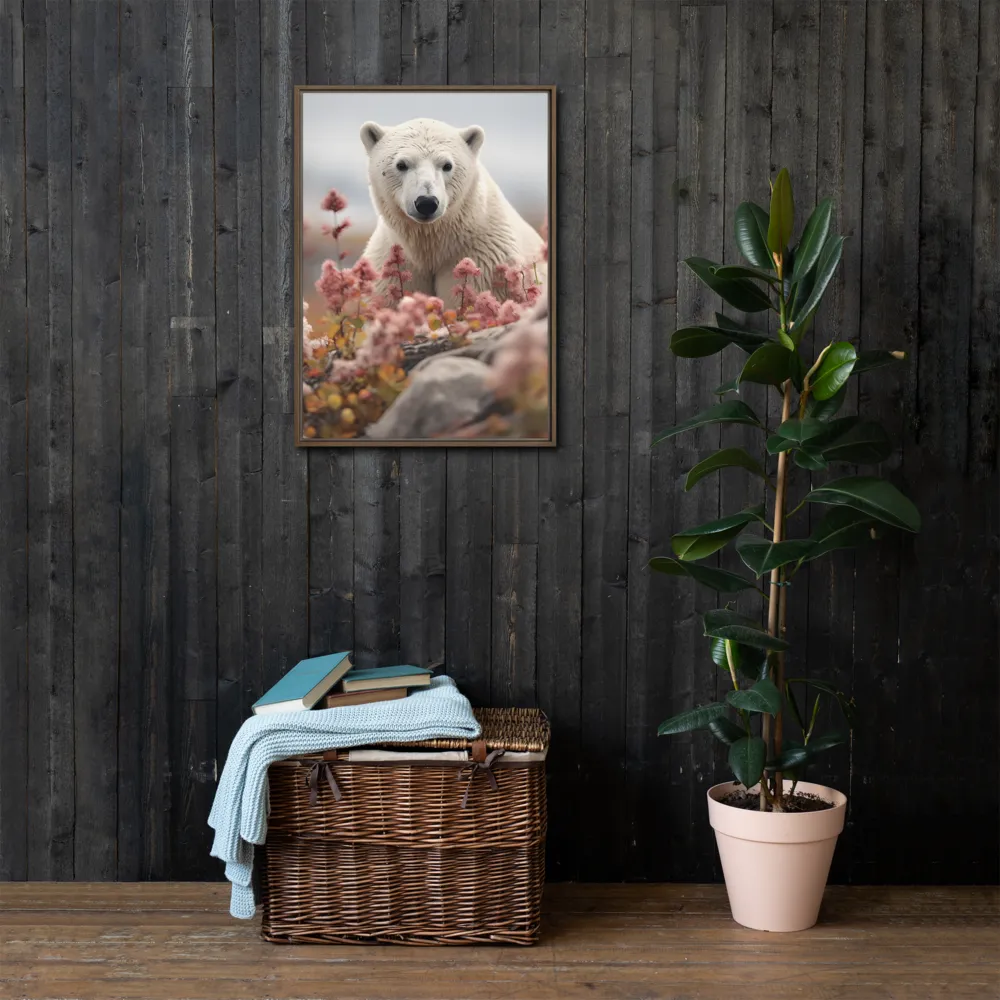 Curiosity Among Blooms: The Polar Bear | Canvas with Brown Frame | 20″×28″