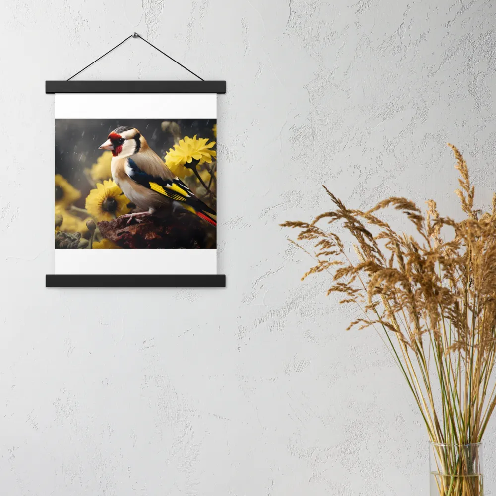 Harmony in Nature: A Goldfinch Amidst Blooms | Poster With Black Wood Hanger | 11″×14″