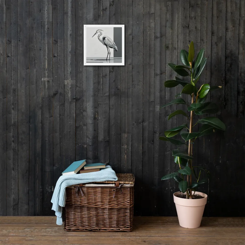 Grayscale Heron Study 
 Canvas with White Frame | 12″x 12″