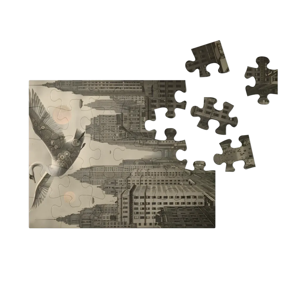 Sepia Swan Over City 
 Jigsaw Puzzle in Tin Box