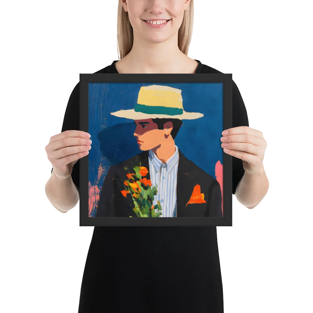 Portrait with Hat and Flowers 
 Poster with Black Frame | 12″x 12″