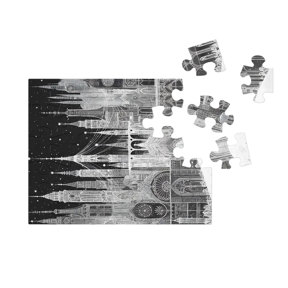 Stippled Gothic Cityscape 
 Jigsaw Puzzle in Tin Box