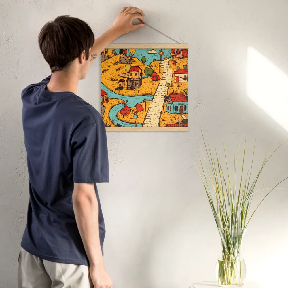 Whimsical Village Landscape | Poster With Oak Wood Hanger | 16″×16″