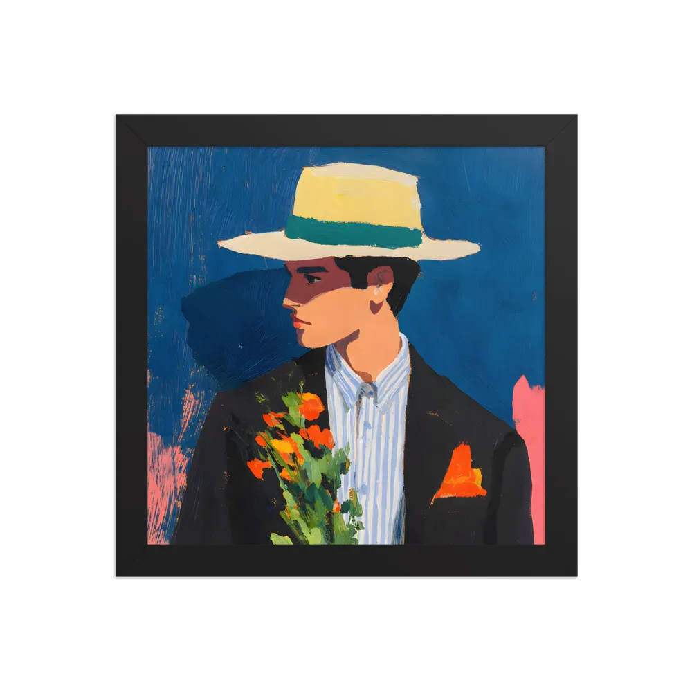 Portrait with Hat and Flowers 
 Poster with Black Frame | 10″x 10″