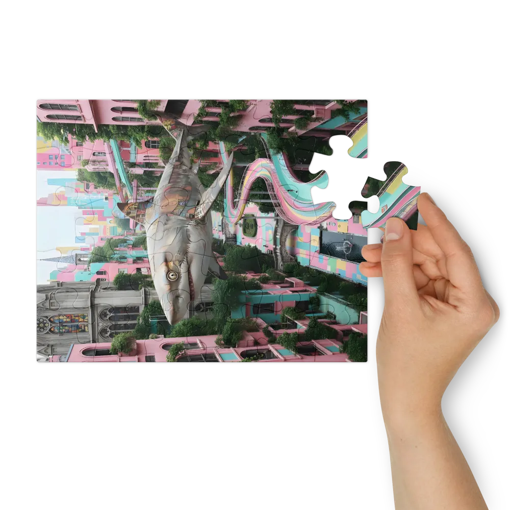 Floating Shark in Pastel City 
 Jigsaw Puzzle in Tin Box