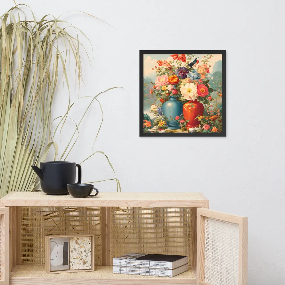 Twin Vases in Bloom 
 Poster with Black Frame | 16″x 16″