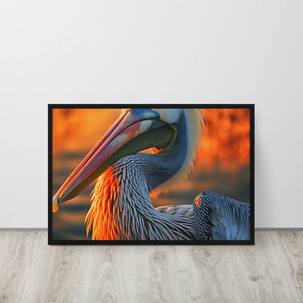 Elegance of the Pelican at Sunset | Canvas with Black Frame | 20″×30″