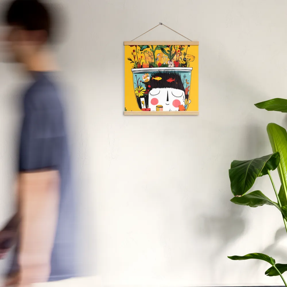 Whimsical Garden Head | Poster With Oak Wood Hanger | 16″×16″