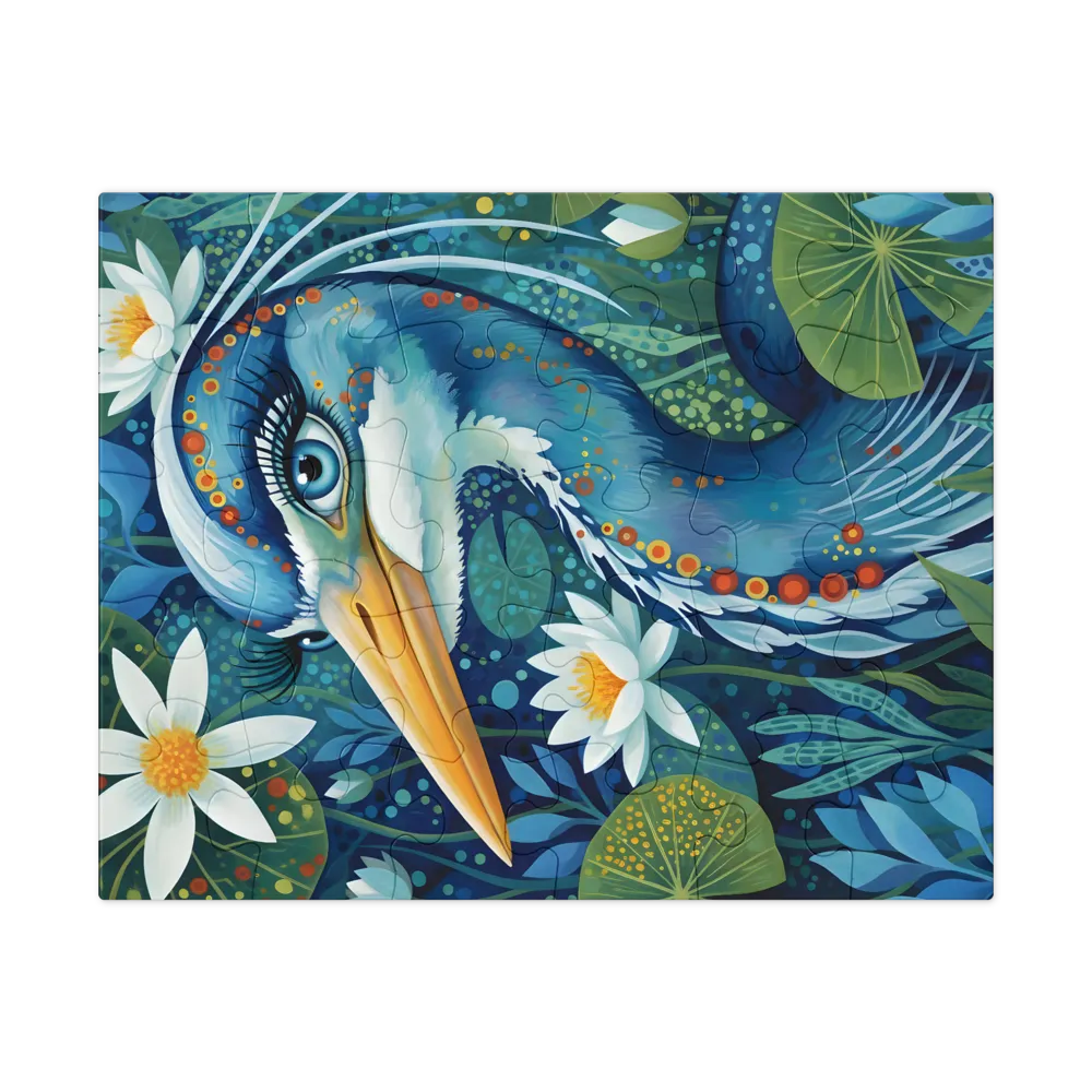 Heron Among Water Lilies 
 Jigsaw Puzzle in Tin Box