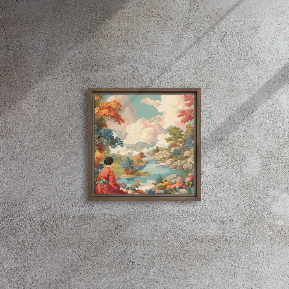 River Garden Reverie 
 Canvas with Brown Frame | 12″x 12″