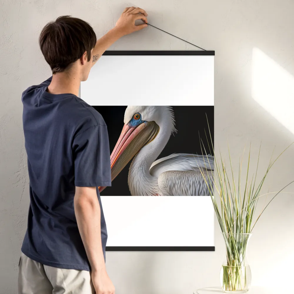 Elegance in White: The Pelican | Poster With Black Wood Hanger | 24″×36″