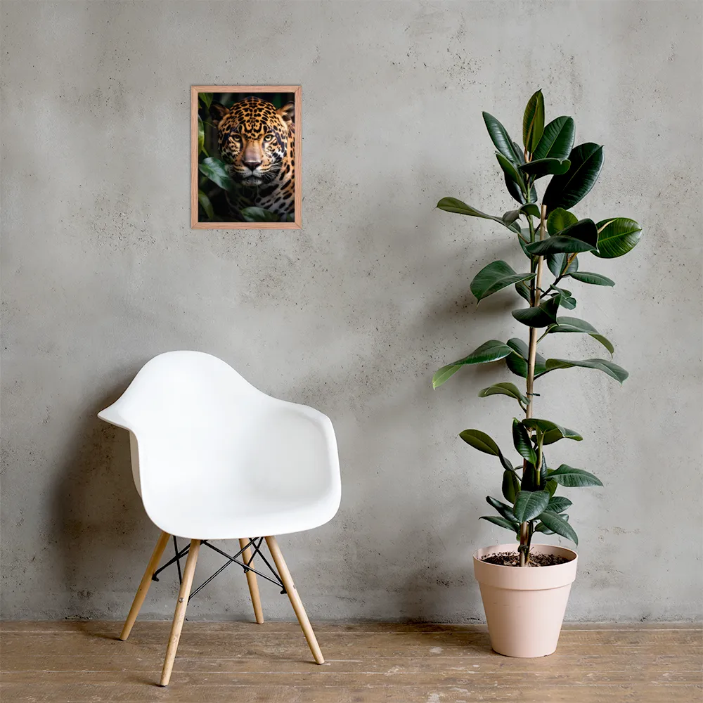 The Intensity of Nature: A Jaguar’s Gaze | Poster with Red oak Frame | 12″×16″