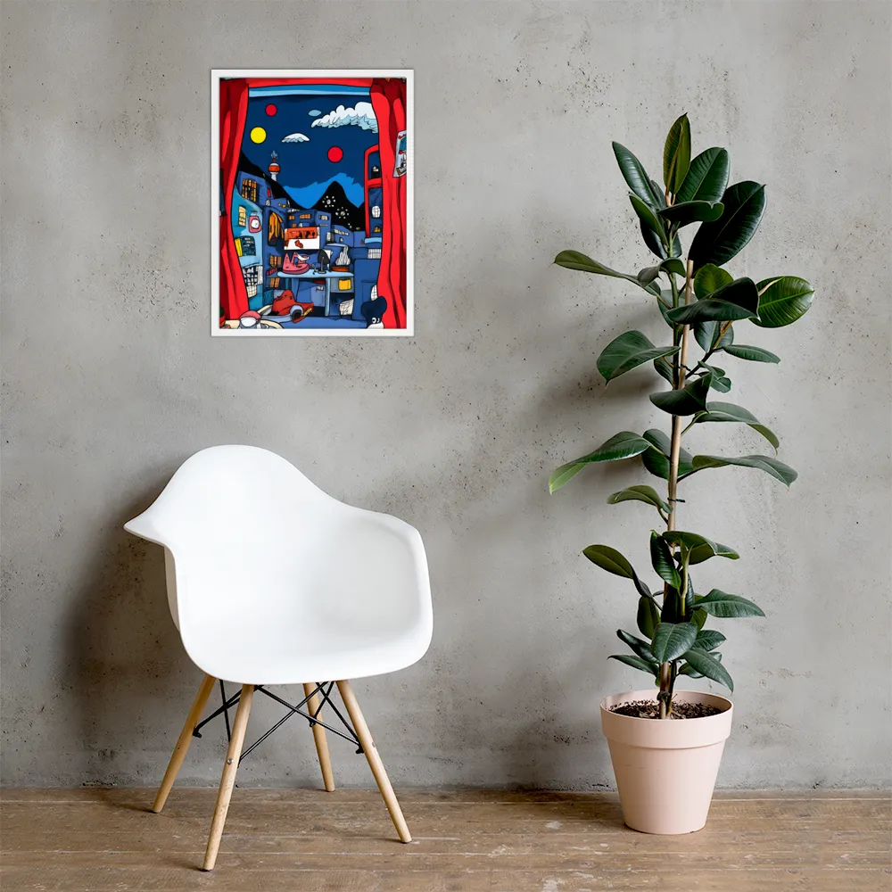 Whimsical Cityscape at Night | Poster with White Frame | 18″×24″