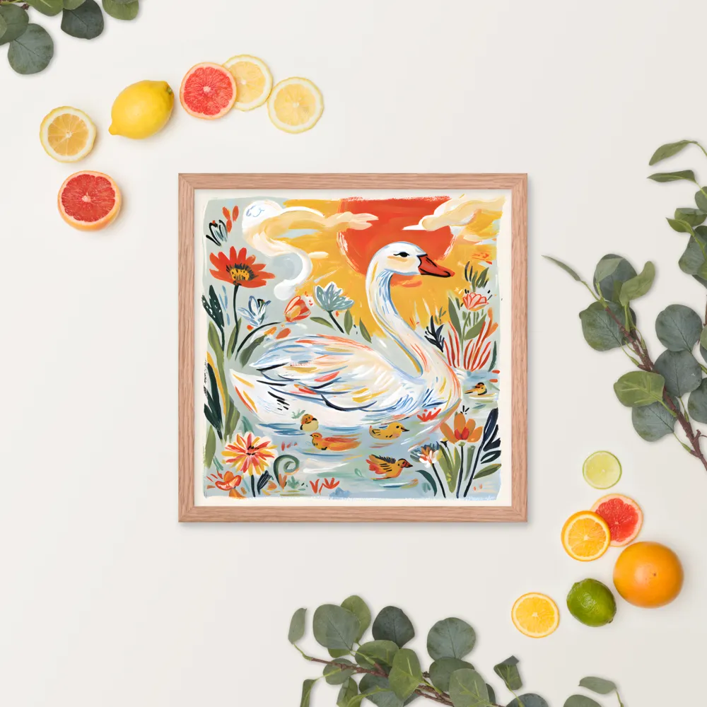 Swan and Ducklings 
 Poster with Red oak Frame | 16″x 16″