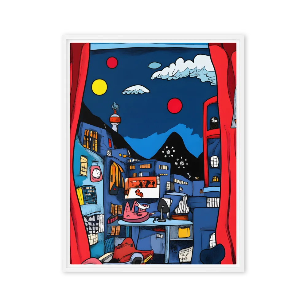 Whimsical Cityscape at Night | Canvas with White Frame | 24″×32″