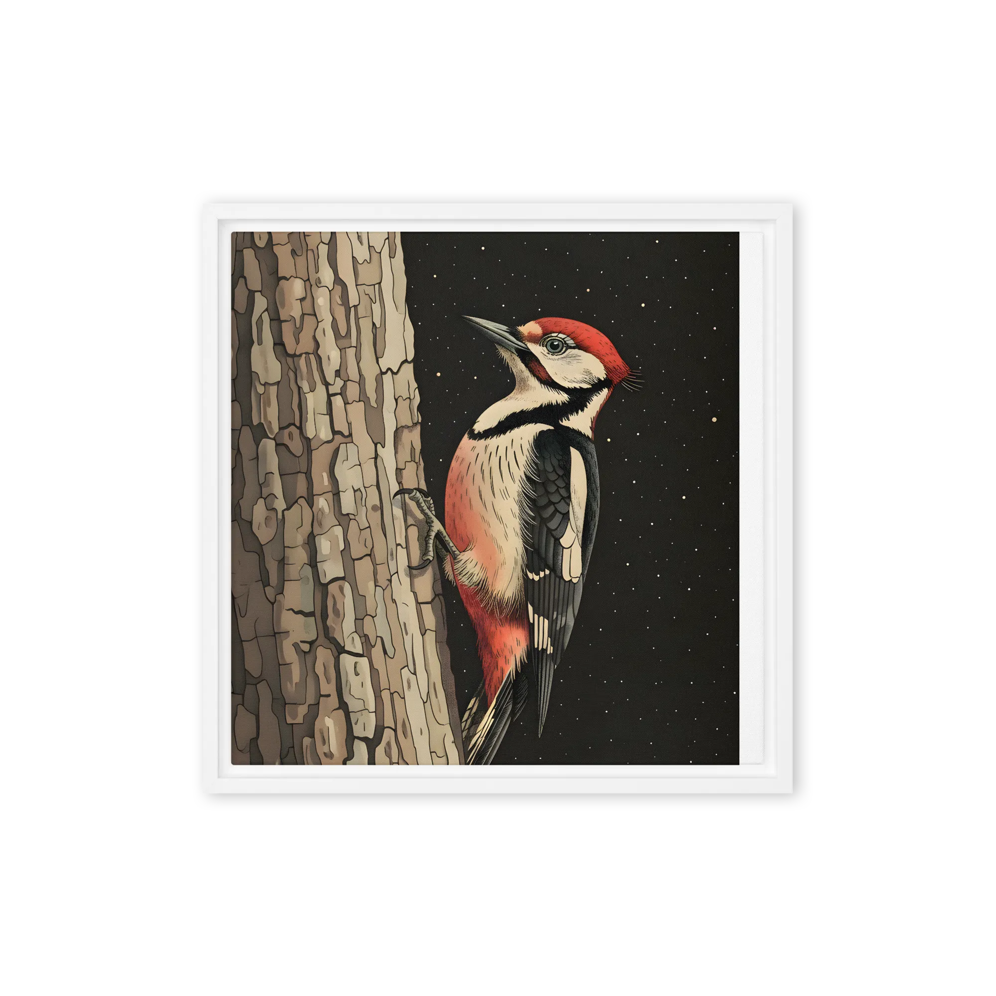 Woodpecker on Bark 
 Canvas with White Frame