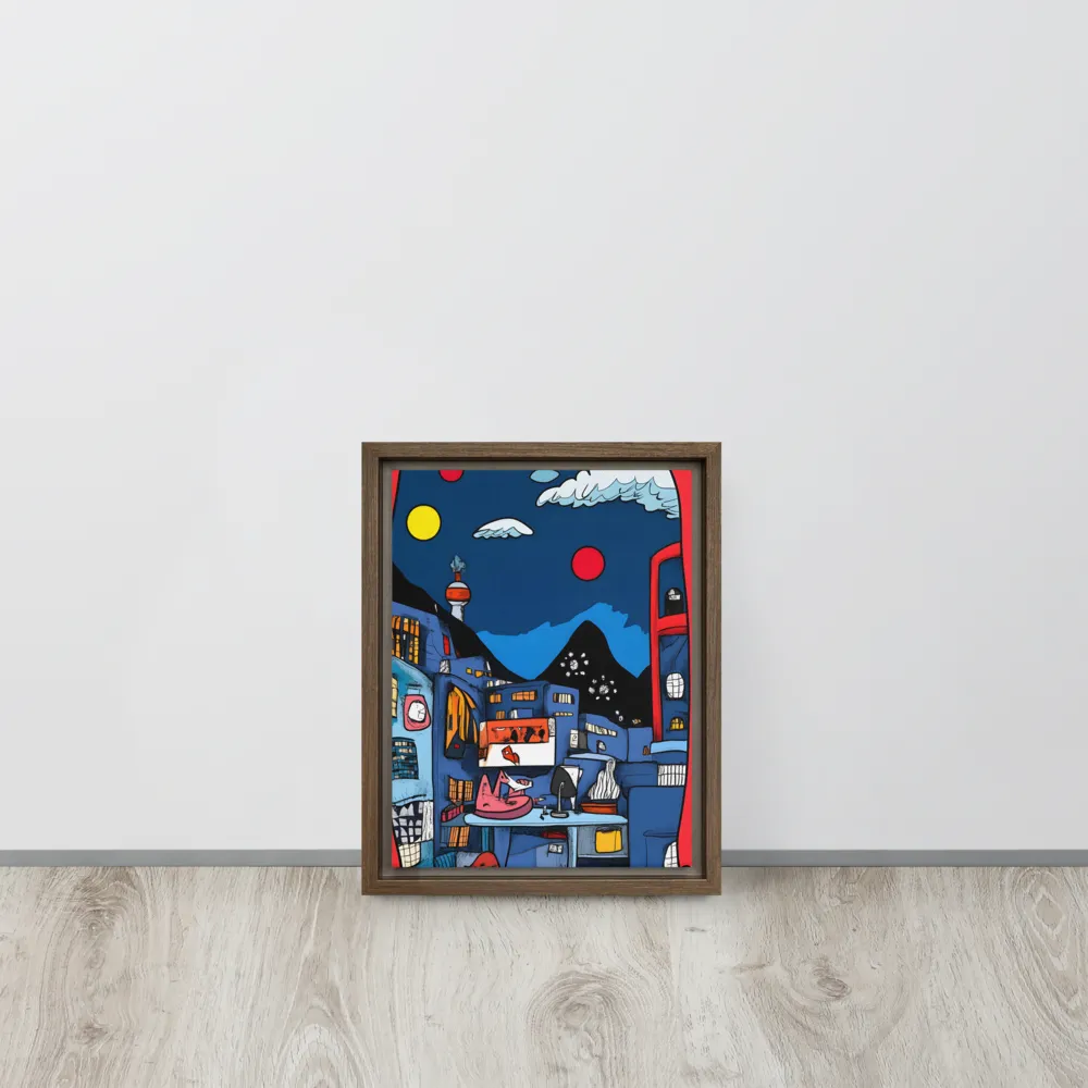 Whimsical Cityscape at Night | Canvas with Brown Frame | 9″×12″