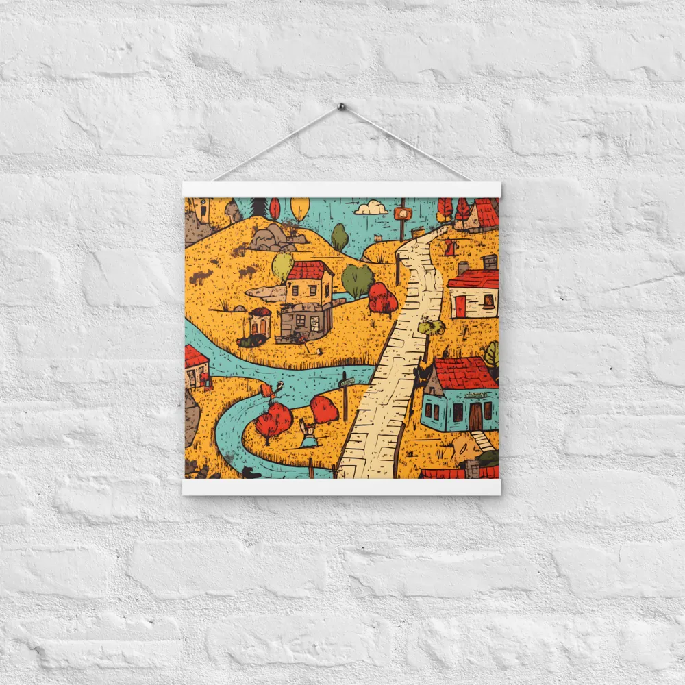 Whimsical Village Landscape | Poster With White Wood Hanger | 16″×16″
