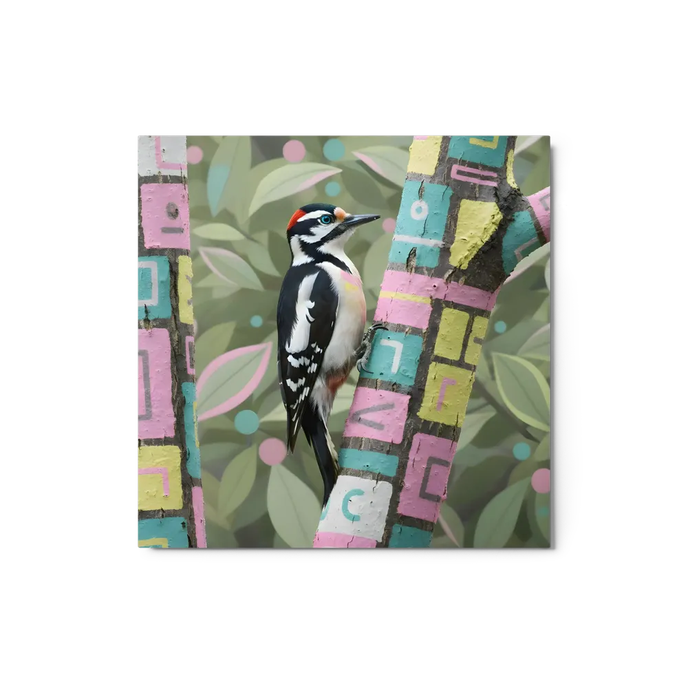 Woodpecker on Painted Tree 
 Metal Print | 12″x 12″