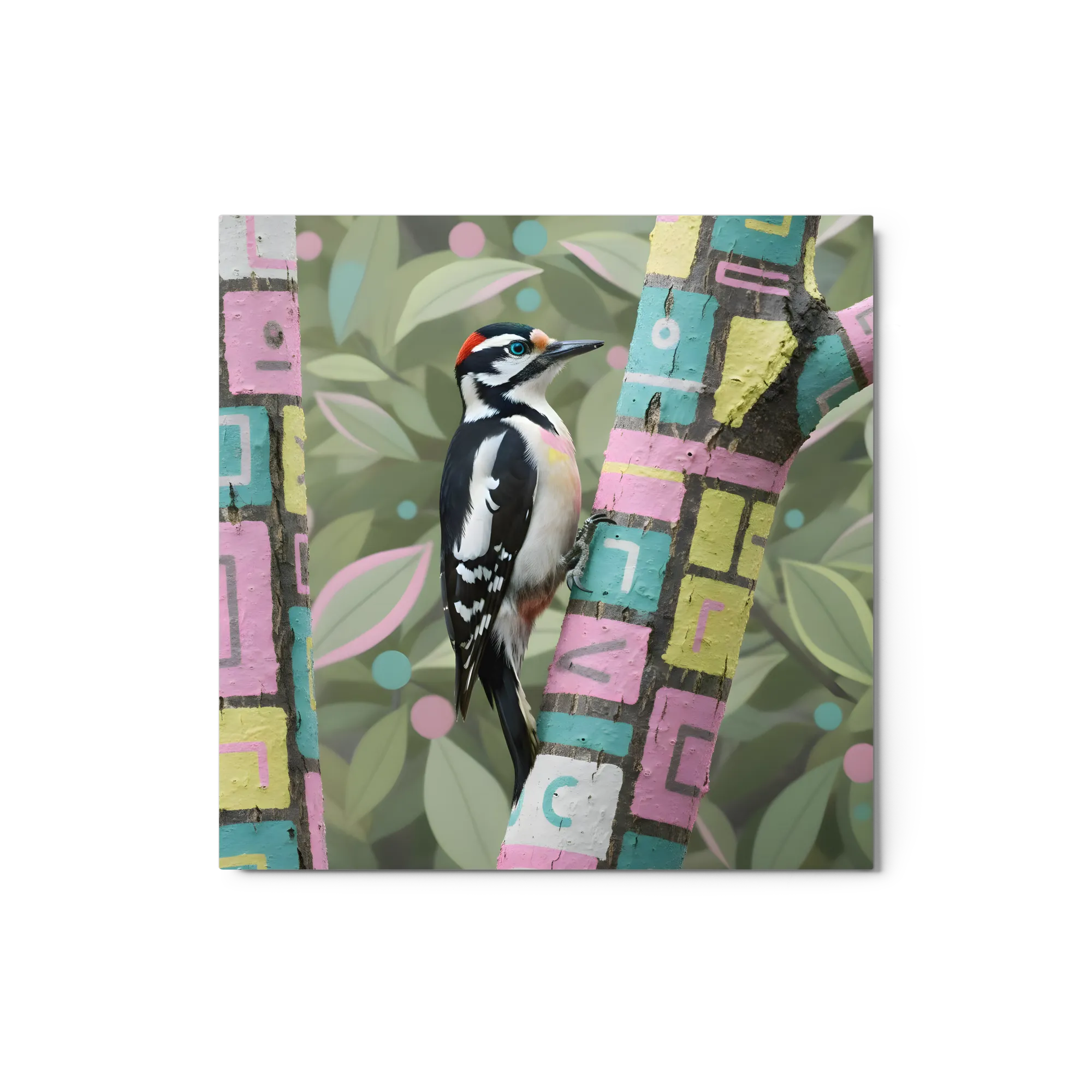 Woodpecker on Painted Tree 
 Metal Print | 12″x 12″