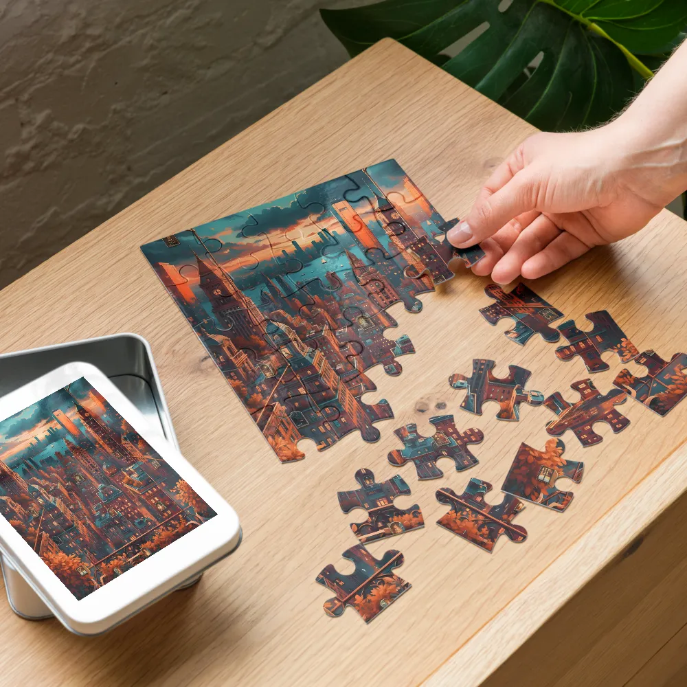 Twilight Harbor City 
 Jigsaw Puzzle in Tin Box