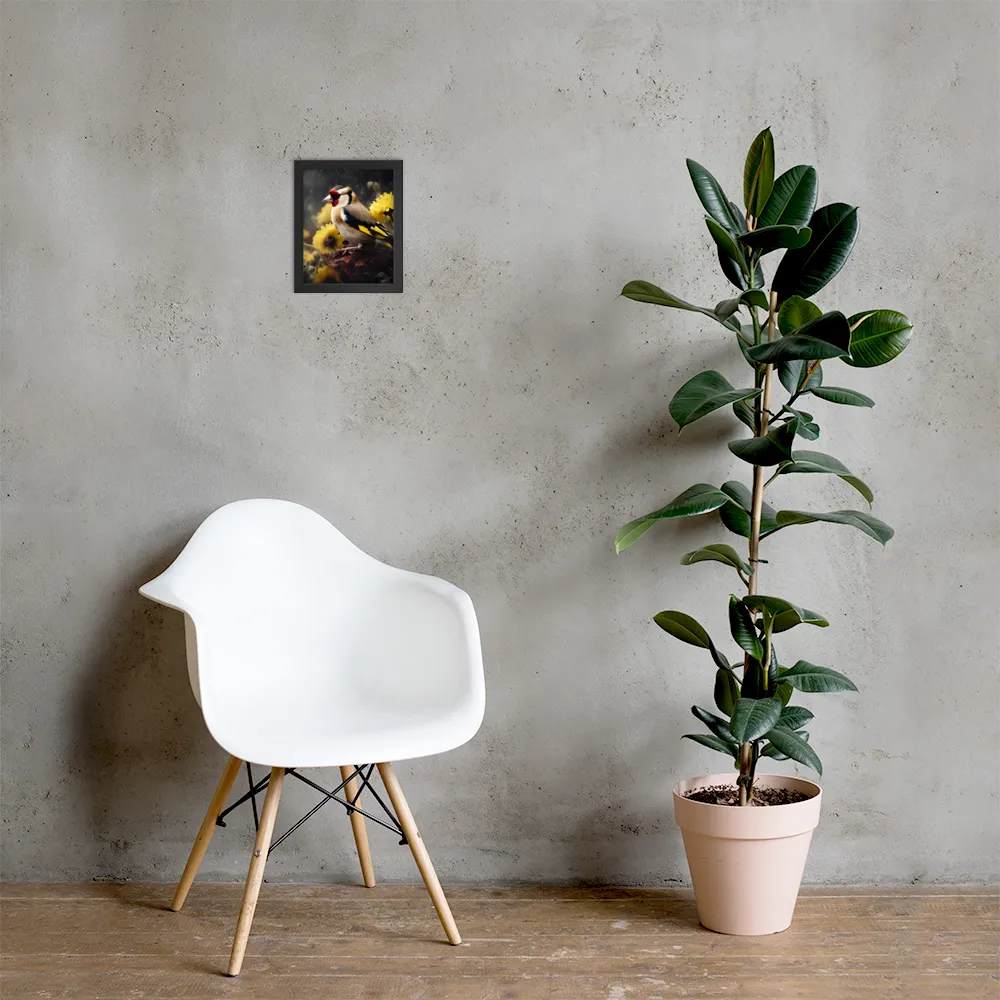 Harmony in Nature: A Goldfinch Amidst Blooms | Poster with Black Frame | 8″×10″