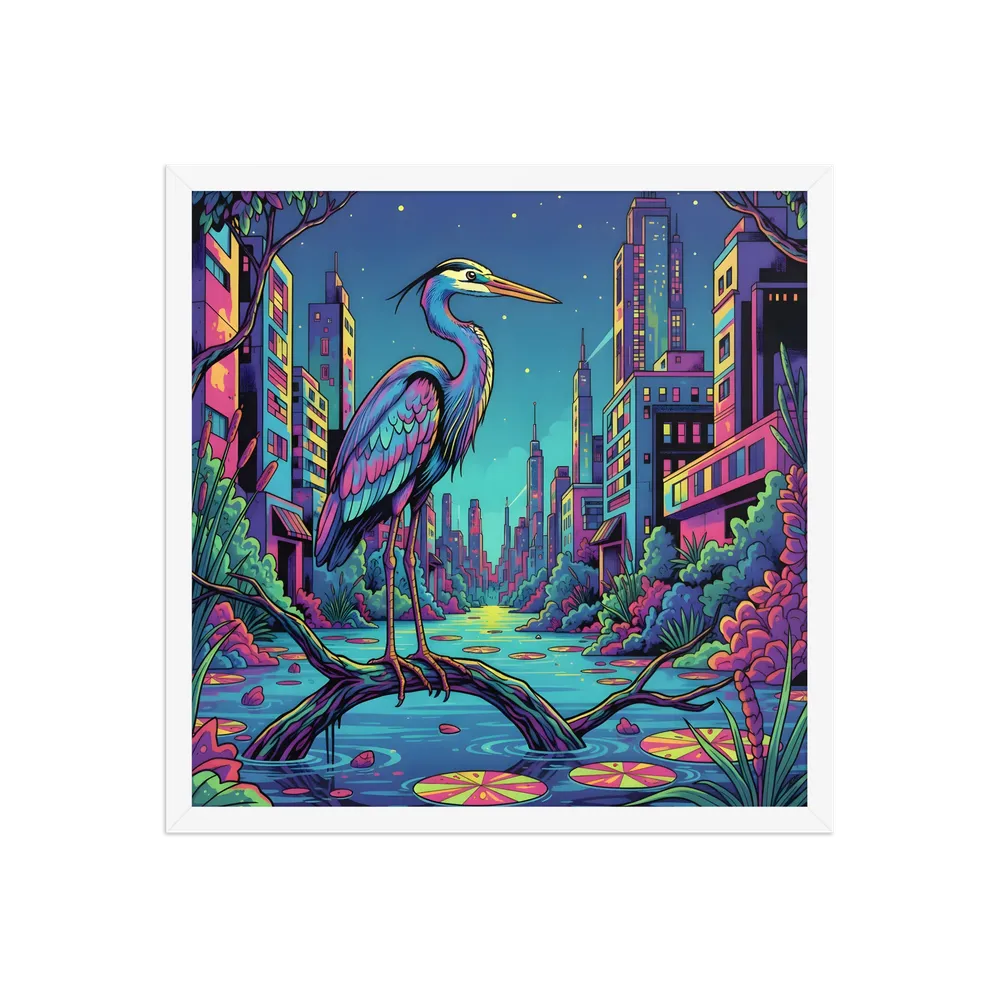 Neon Heron - Urban Twilight 
 Poster with White Frame | 18″x 18″