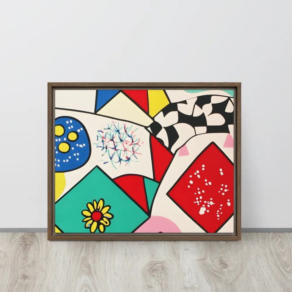 Joyful Geometry: A Playful Dance of Shapes and Colors | Canvas with Brown Frame | 16″×20″