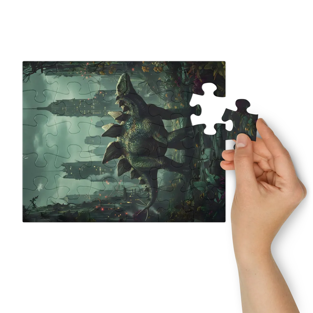 Stegosaurus in Overgrown City 
 Jigsaw Puzzle in Tin Box