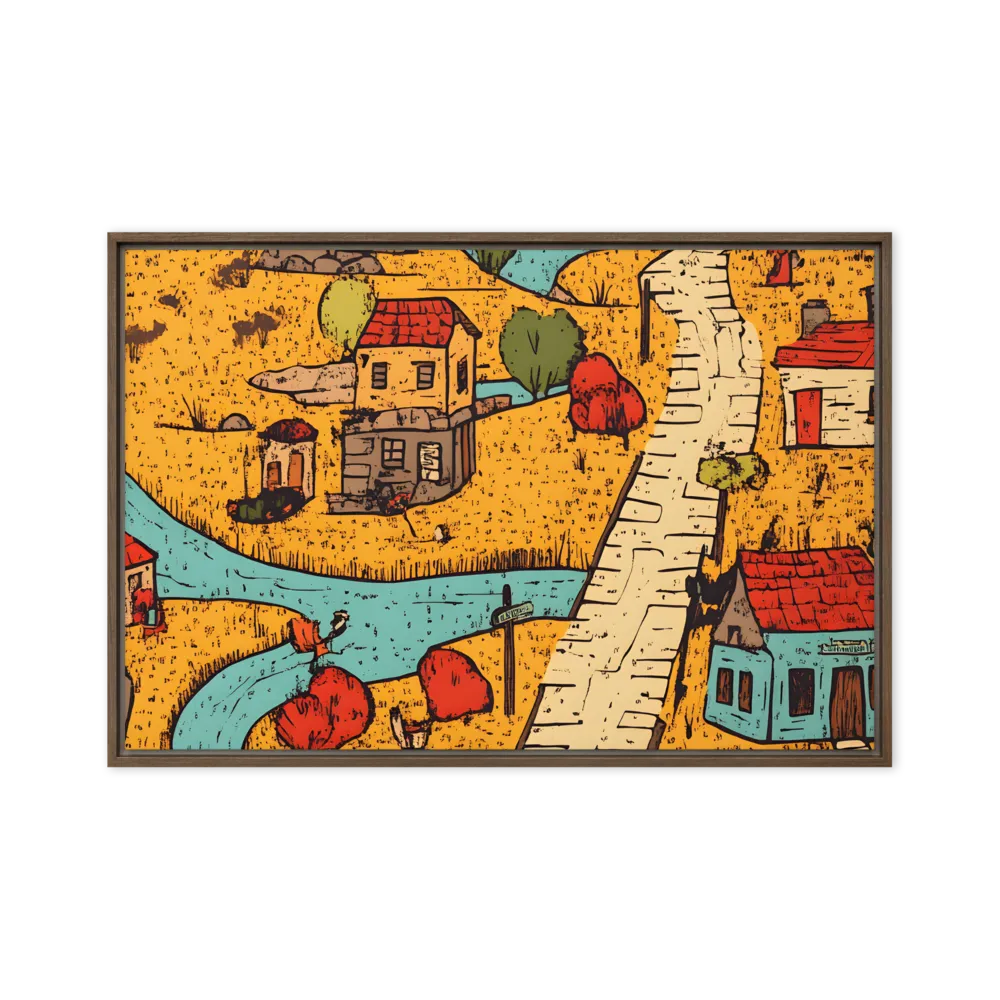 Whimsical Village Landscape | Canvas with Brown Frame | 20″×30″