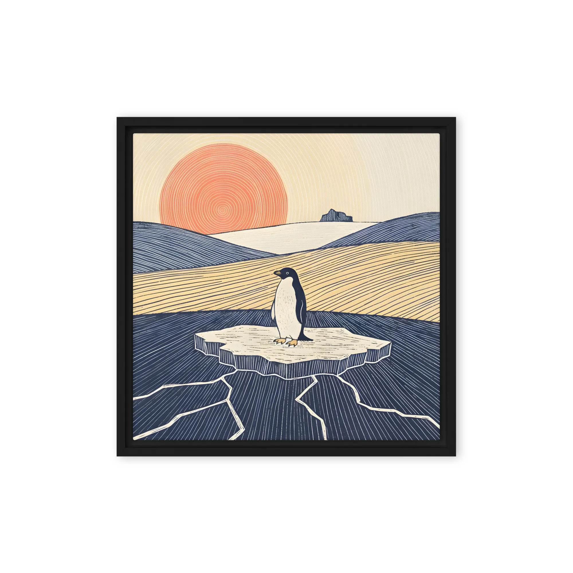 Solitary Penguin Sunset 
 Canvas with Black Frame