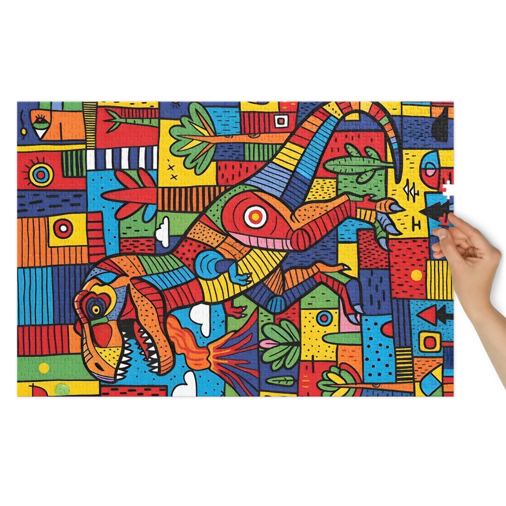 Prehistoric Patchwork T-Rex 
 Jigsaw Puzzle in Tin Box