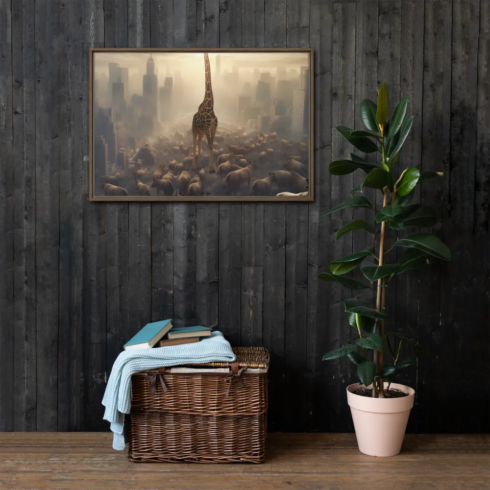 Urban Serengeti: A Giraffe's Perspective | Canvas with Brown Frame | 24″×36″
