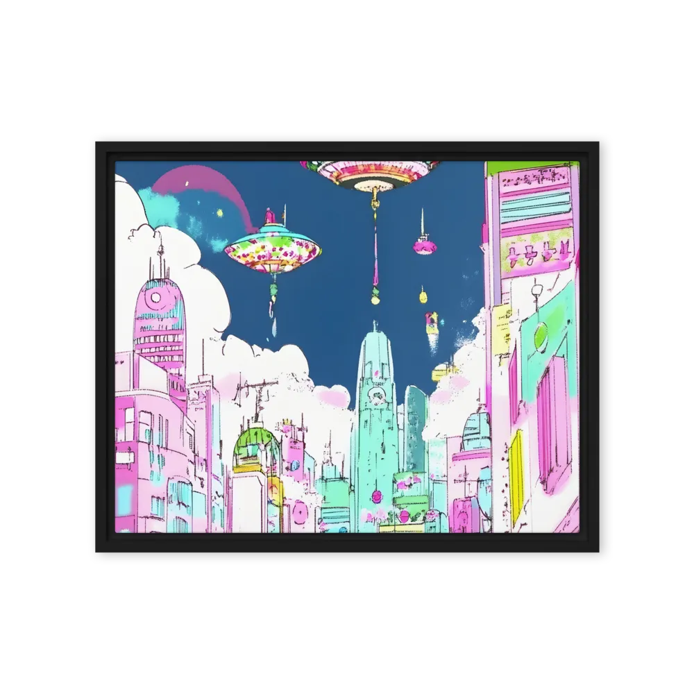 Futuristic Cityscape with Floating Structures | Canvas with Black Frame | 16″×20″