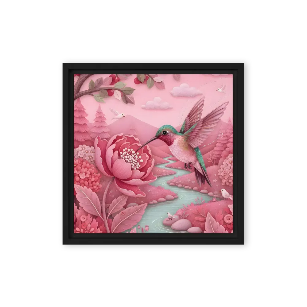 Hummingbird in Pink Garden 
 Canvas with Black Frame