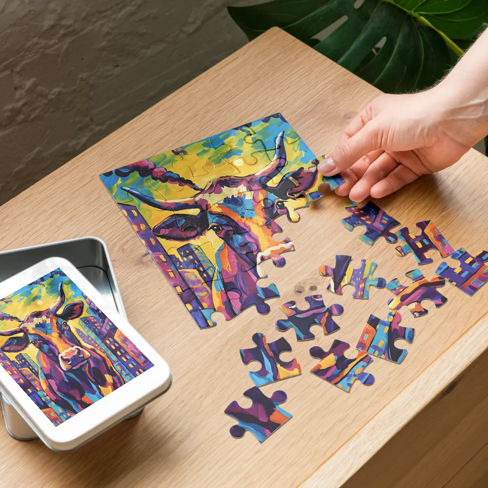 Neon City Cow 
 Jigsaw Puzzle in Tin Box