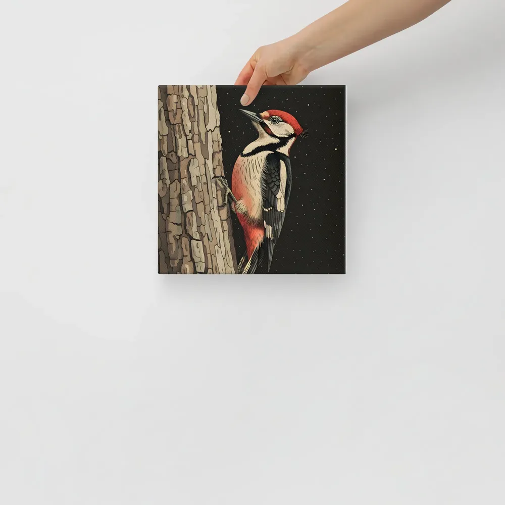 Woodpecker on Bark 
 Canvas | 10″x 10″