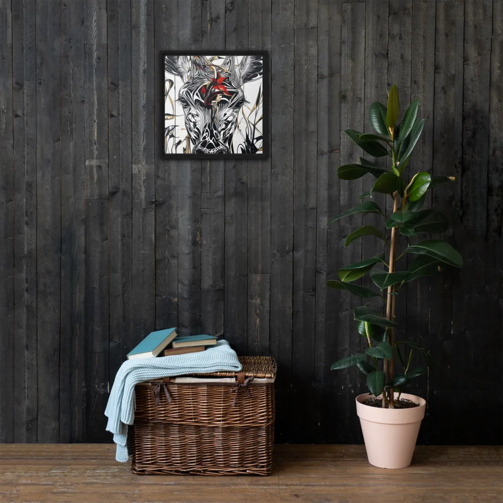 Floral Elegance: The Giraffe's Portrait | Canvas with Black Frame | 16″×16″