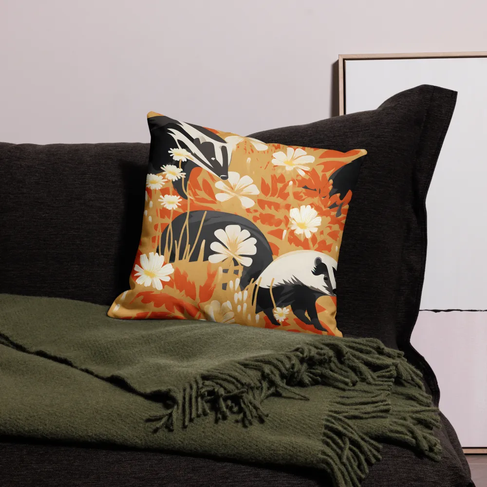 Whimsical Badgers in Bloom | Pillow | 18″×18″