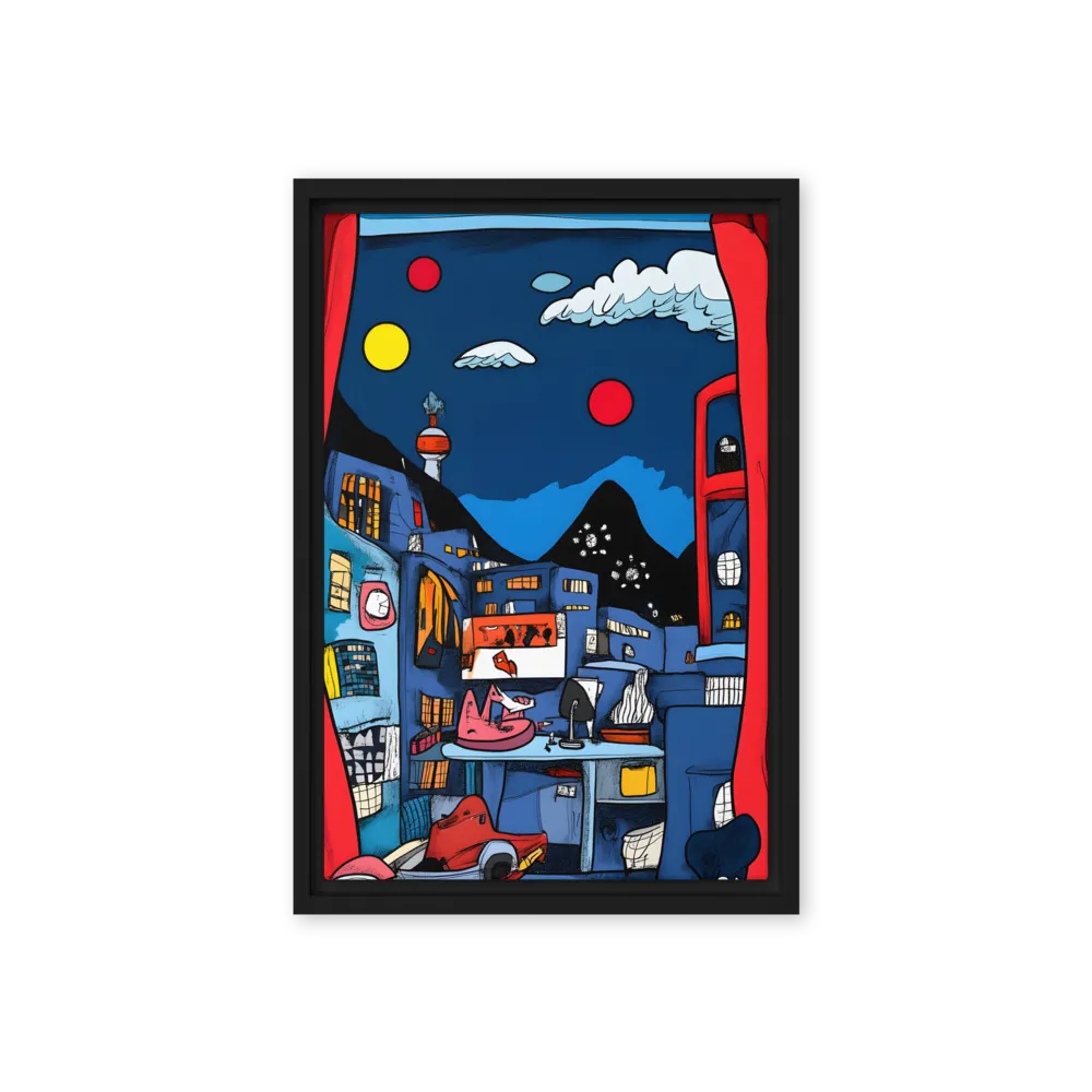 Whimsical Cityscape at Night | Canvas with Black Frame | 12″×18″